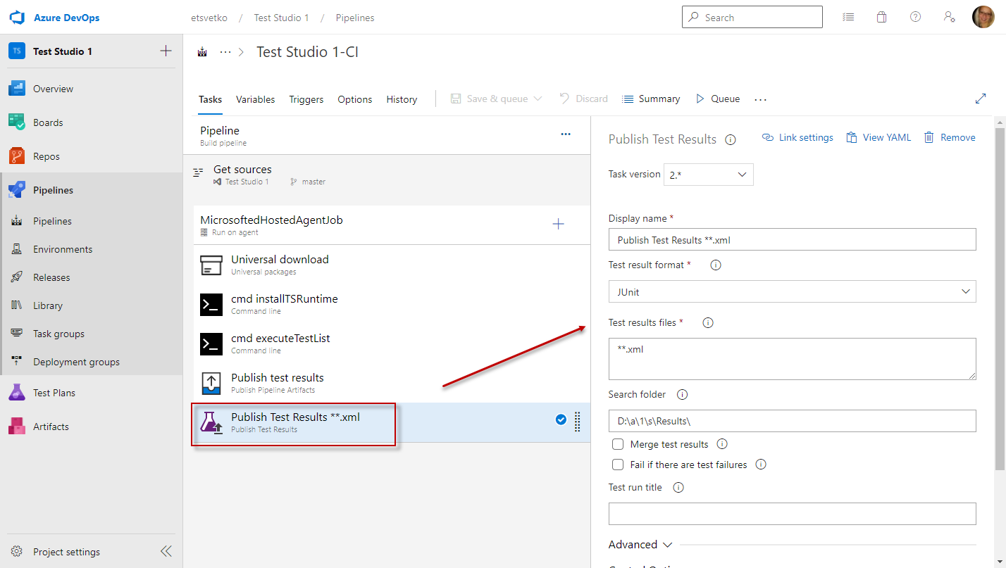 Publish Test results task