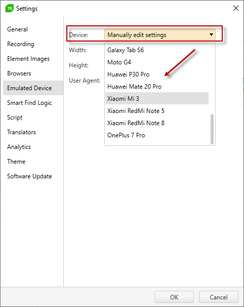Device Type dropdown