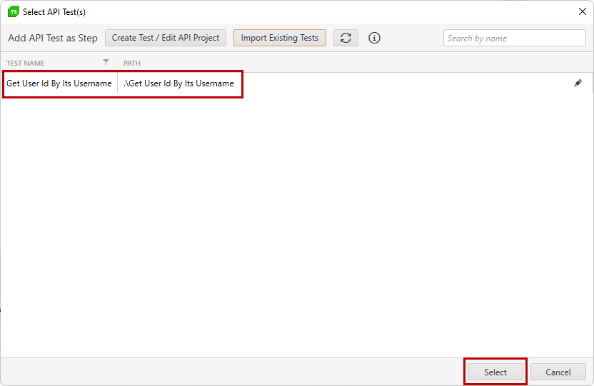 Select a test to add in step