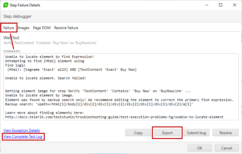 failure tab in step failure details