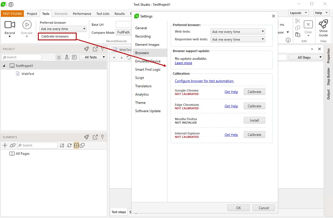 Calibrate browser quick access