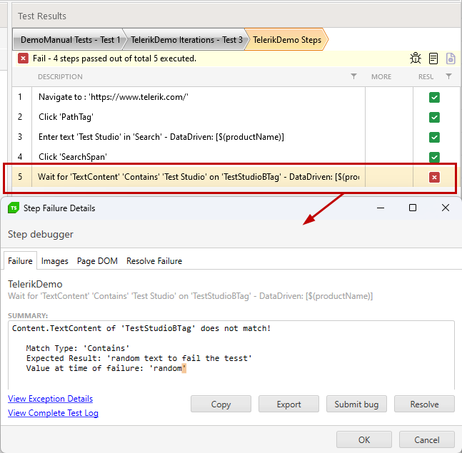 failed step details in test list