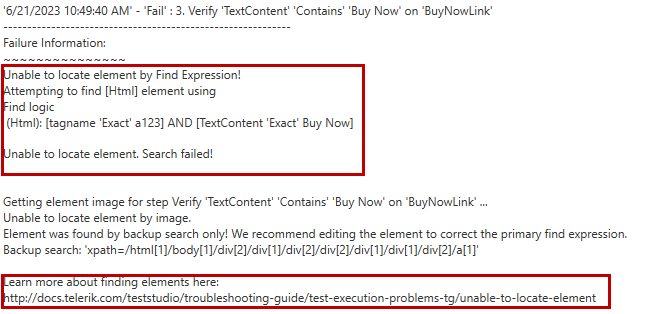 failure in execution log