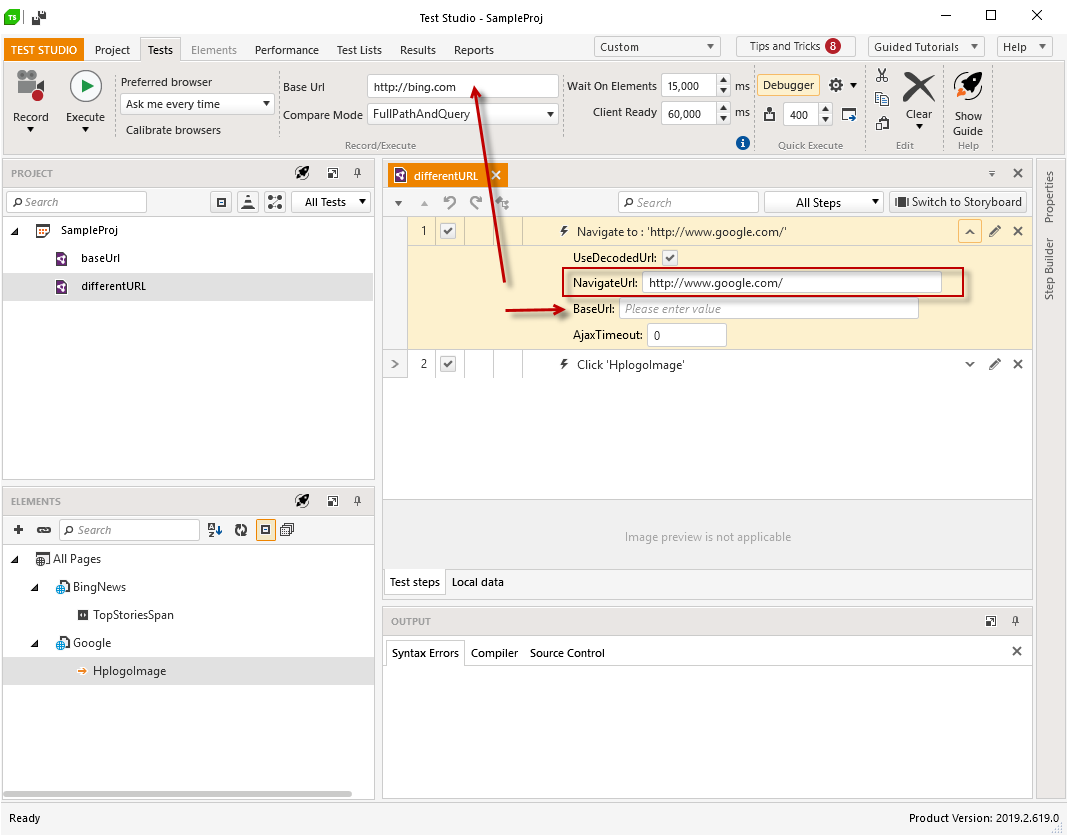 Step property base URL differs from project