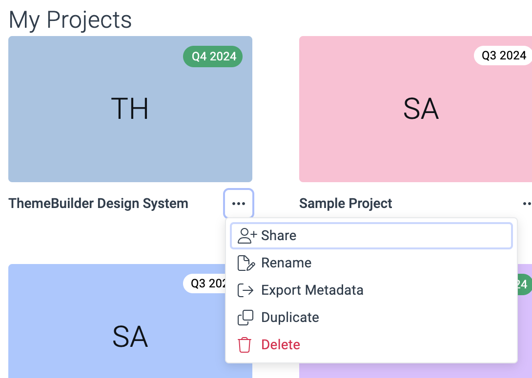 A context menu open for a project named 'ThemeBuilder Design System' on the dashboard page.