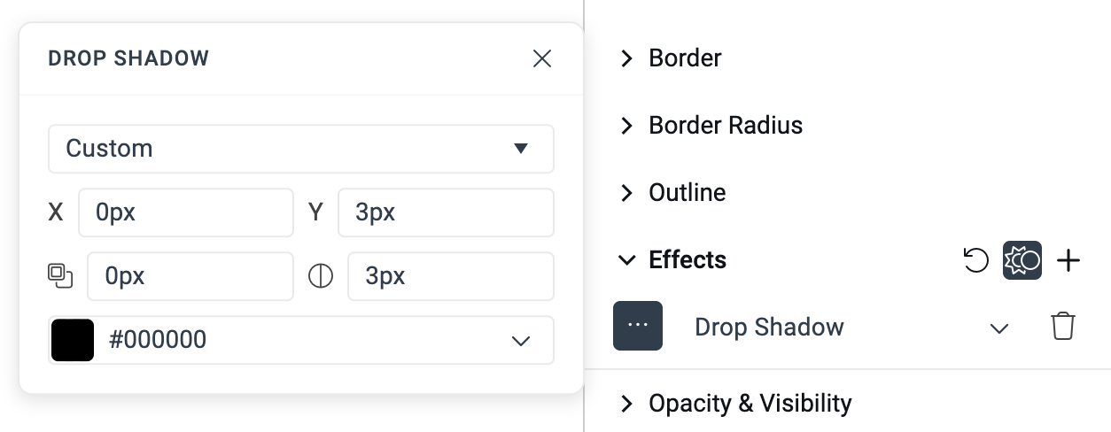 An Effects Editor displayed with a menu on the left for setting values for the options of a drop shadow effect.