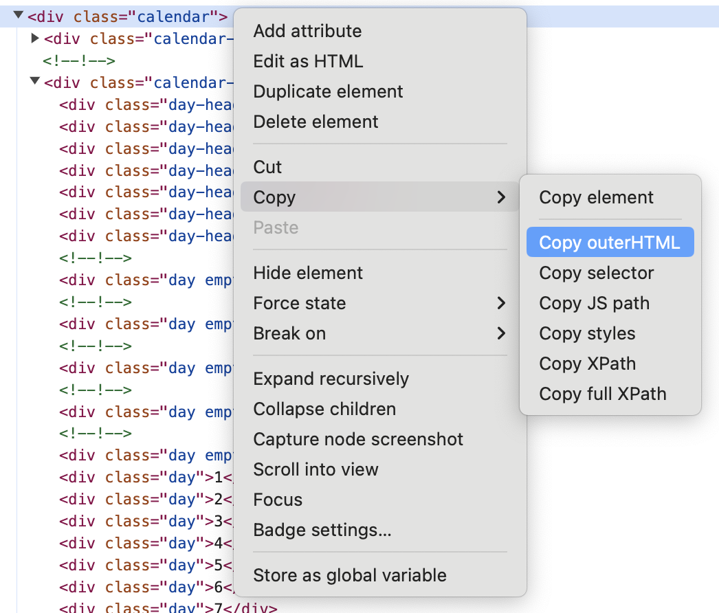 'Copy OuterHTML' option from the Chrome DevTools highlighted over the calendar component.