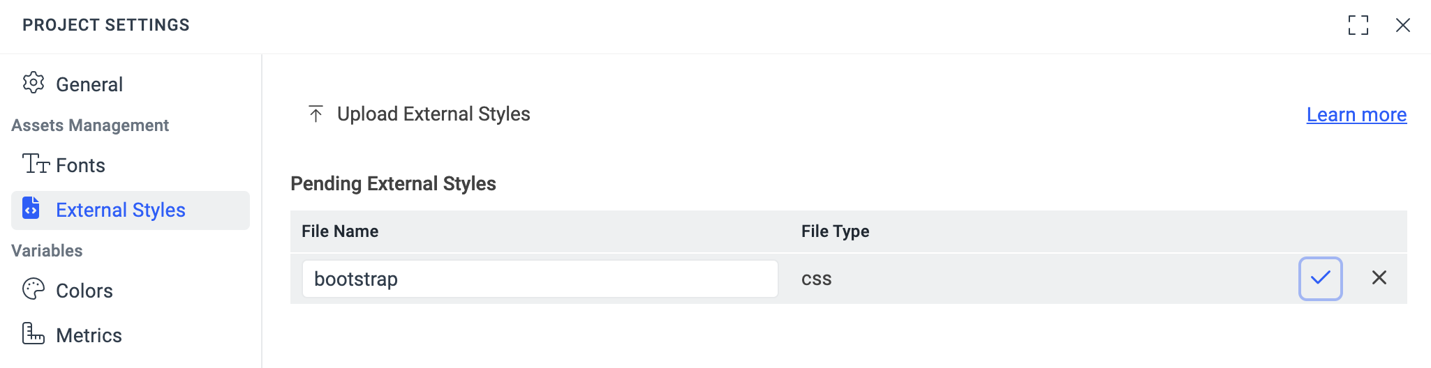 'Save' button highlighted from the 'External Styles' tab of the 'Project Settings' dialog.