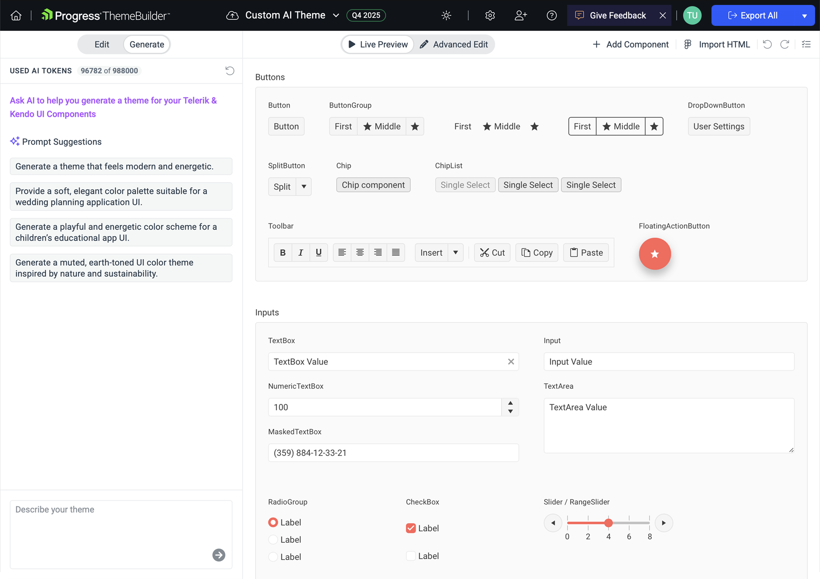 Using the "Generate" tab to define a prompt for theme generation