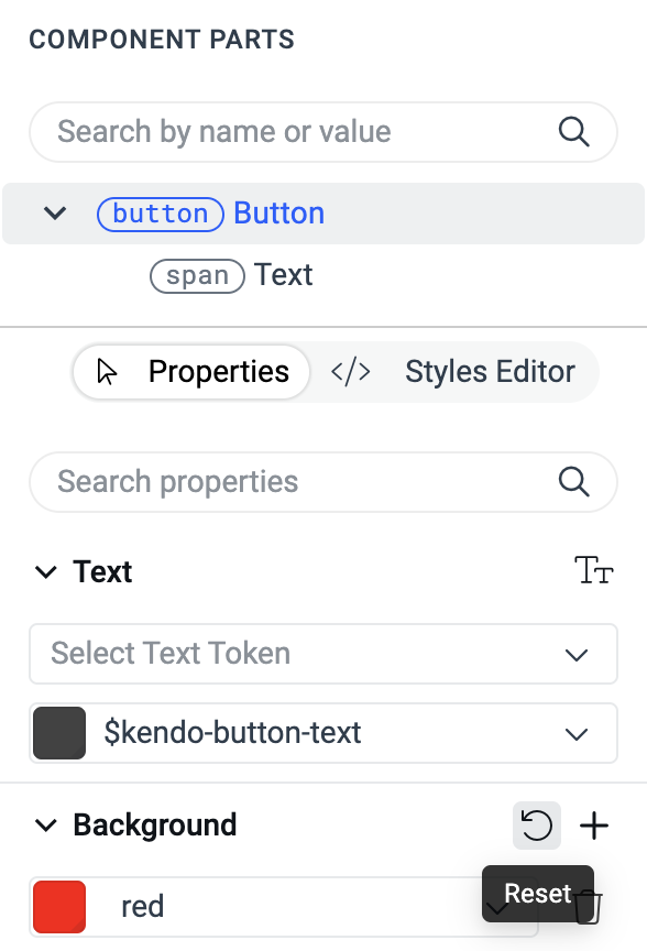 Reset button highlighted from the ThemeBuilder's property grid.