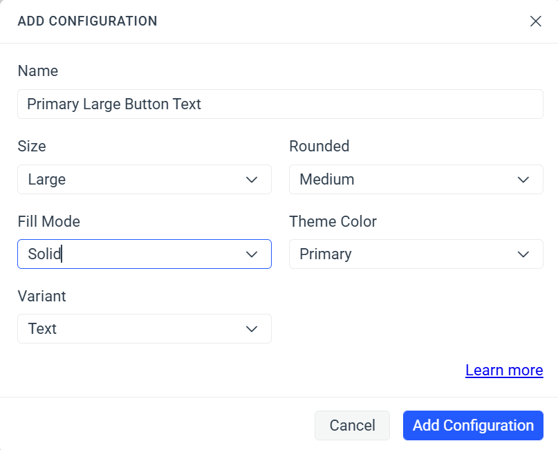 ADD CONFIGURATION popup options selected for a {primary Solid Button.