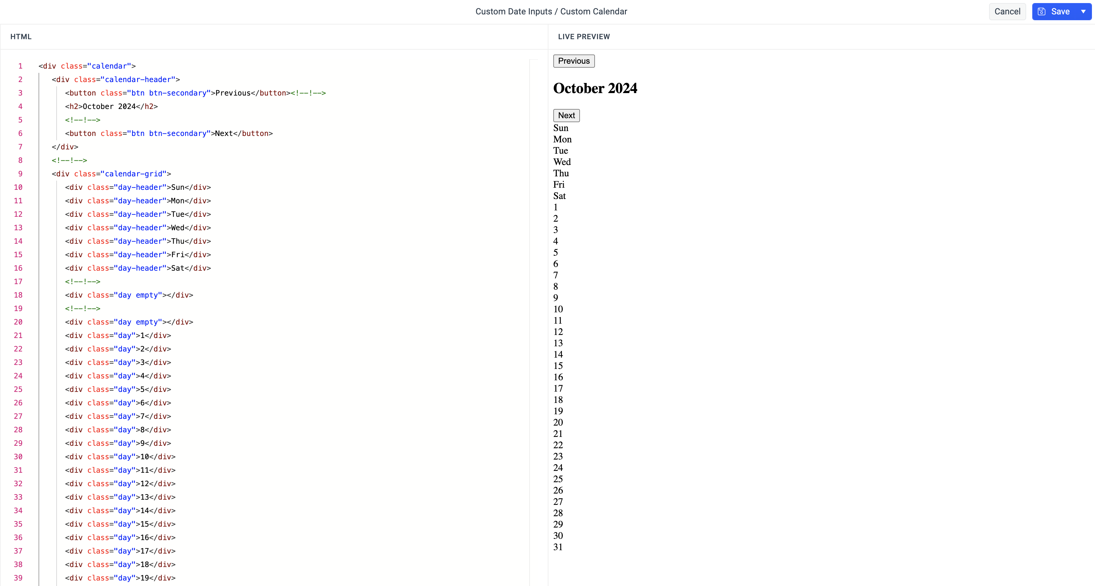 An HTML content pasted in ThemeBuilder's code editor.