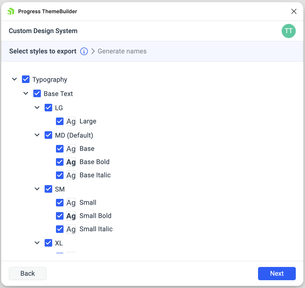 "Select styles to export" screen from the plugin dialog.