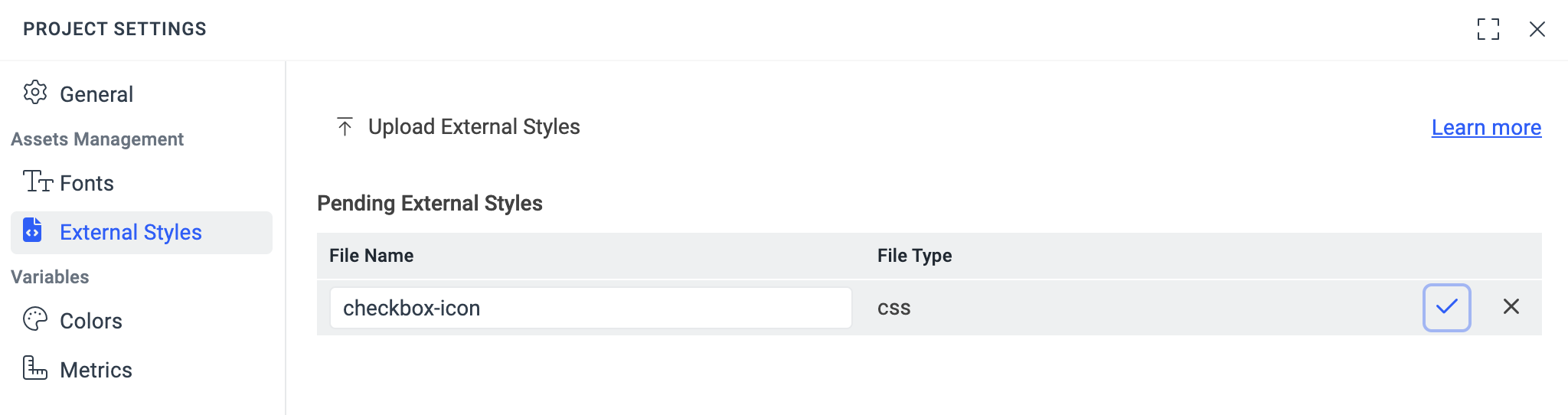 "Save" button highlighted from the "External Styles" tab of the "Project Settings" dialog.