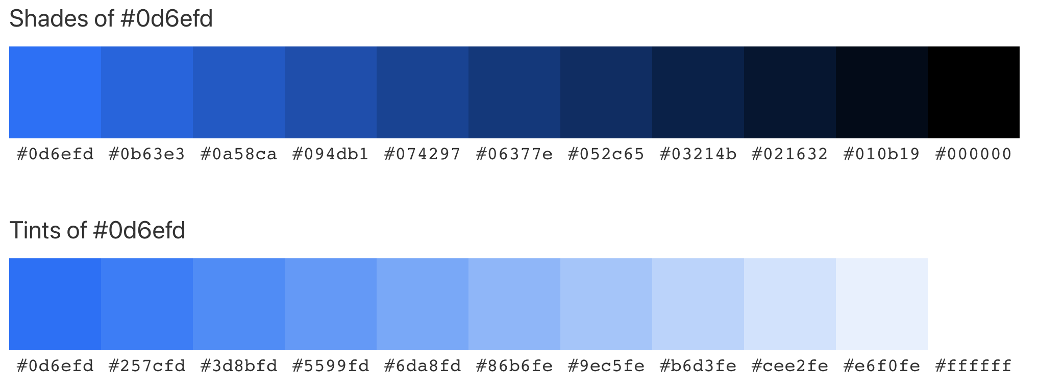Different shades and tints for the blue color generated through the Color Hex tool.