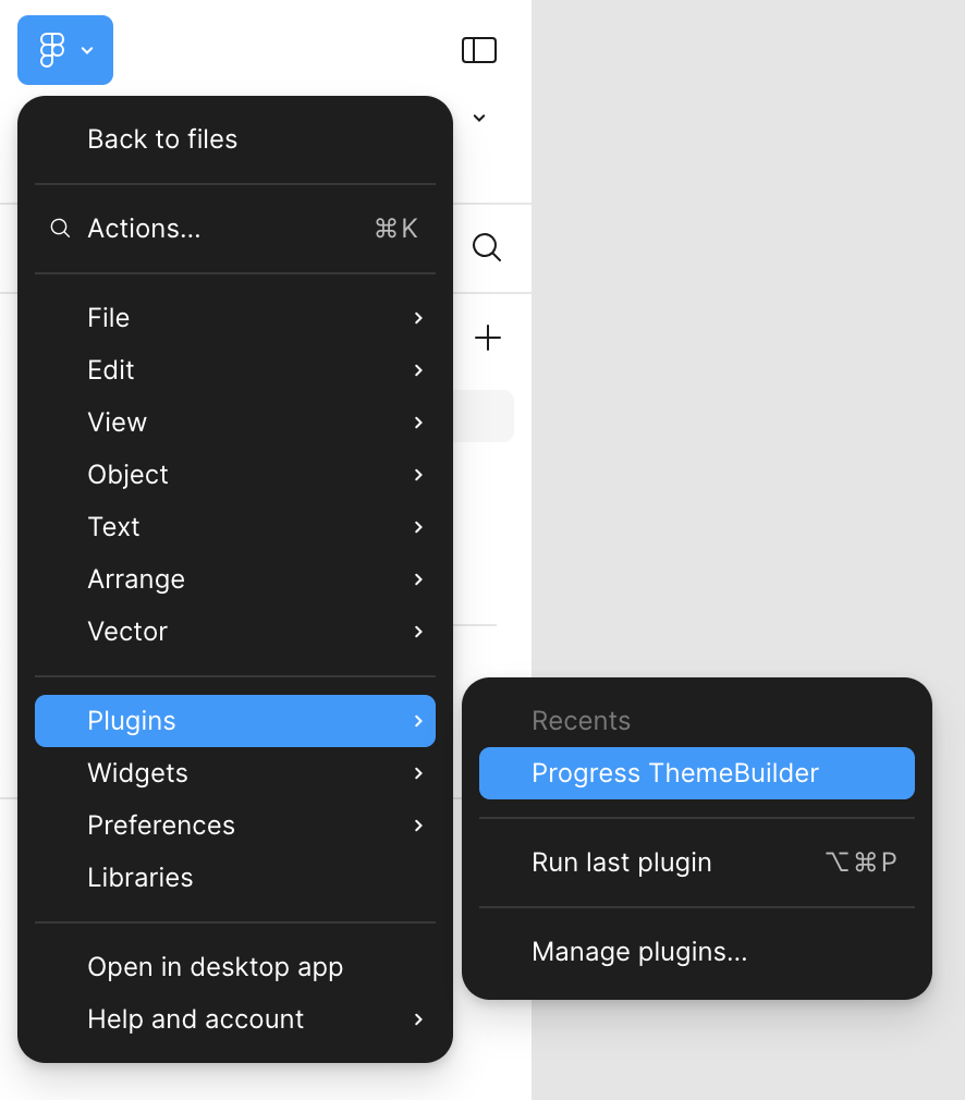 'Progress ThemeBuilder' option highlighted from the Figma's main menu.