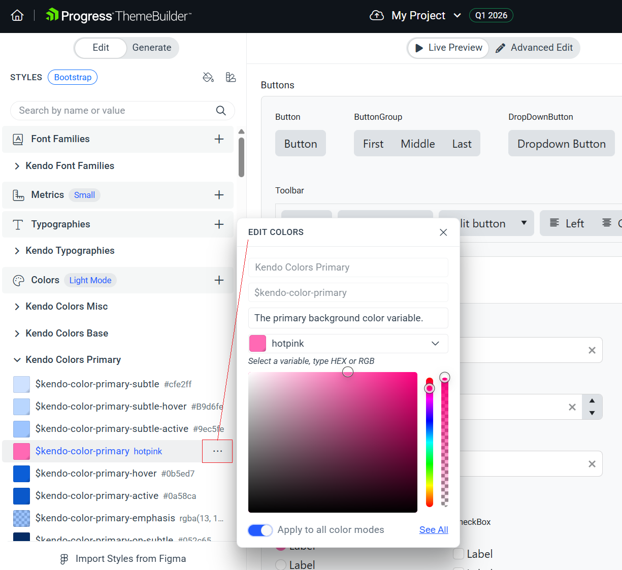 Editing Progress ThemeBuilder Variables in the Theme Styles pane