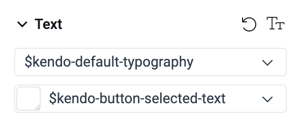 The 'Text Editor' from the Properties View displayed with a 'kendo-default-typography' typography set in the first input and 'kendo-button-selected-text' set in the second input.