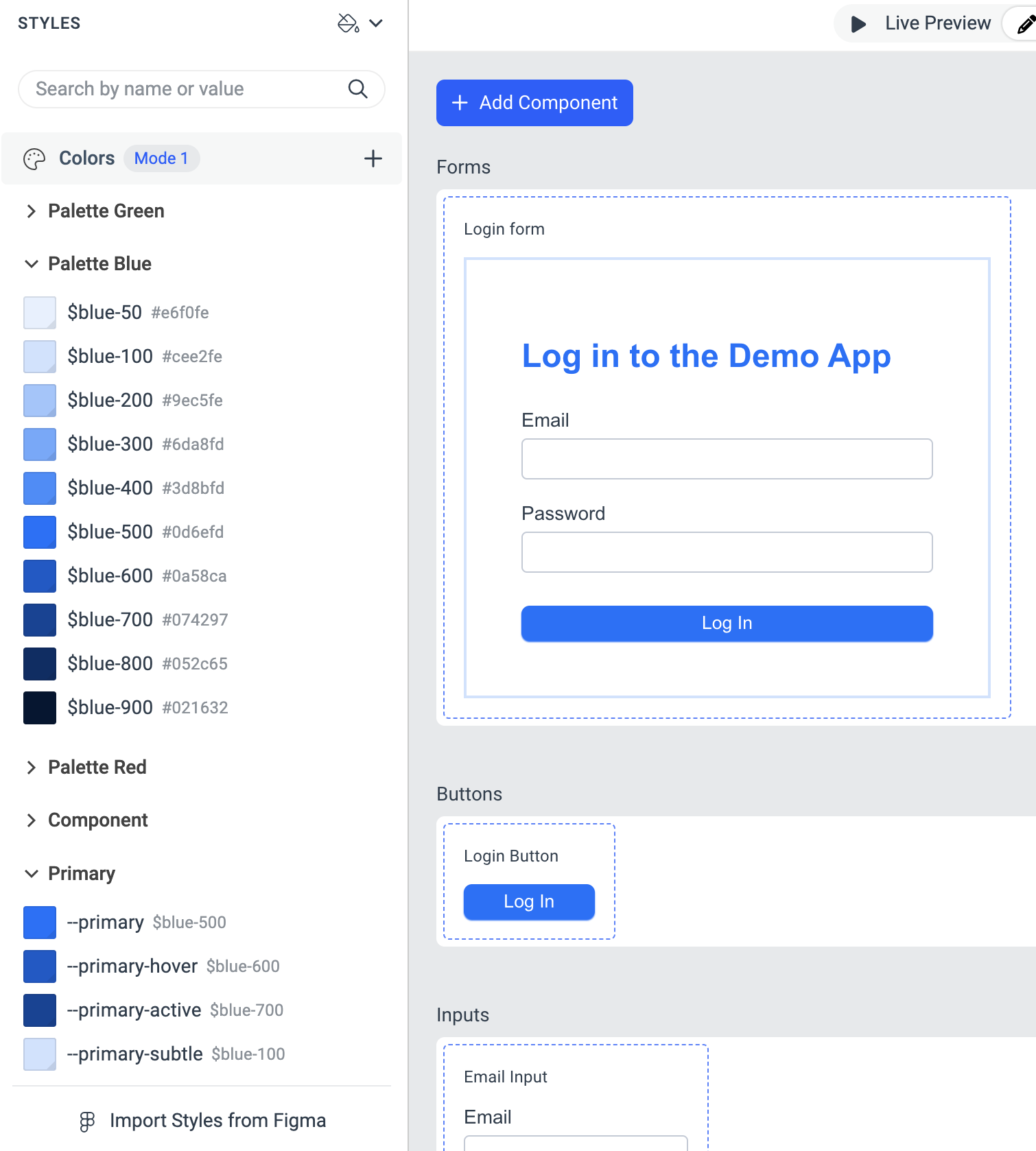 A blue-themed login form is displayed on the right side, using the color palettes listed in the 'STYLES' pane on the left.