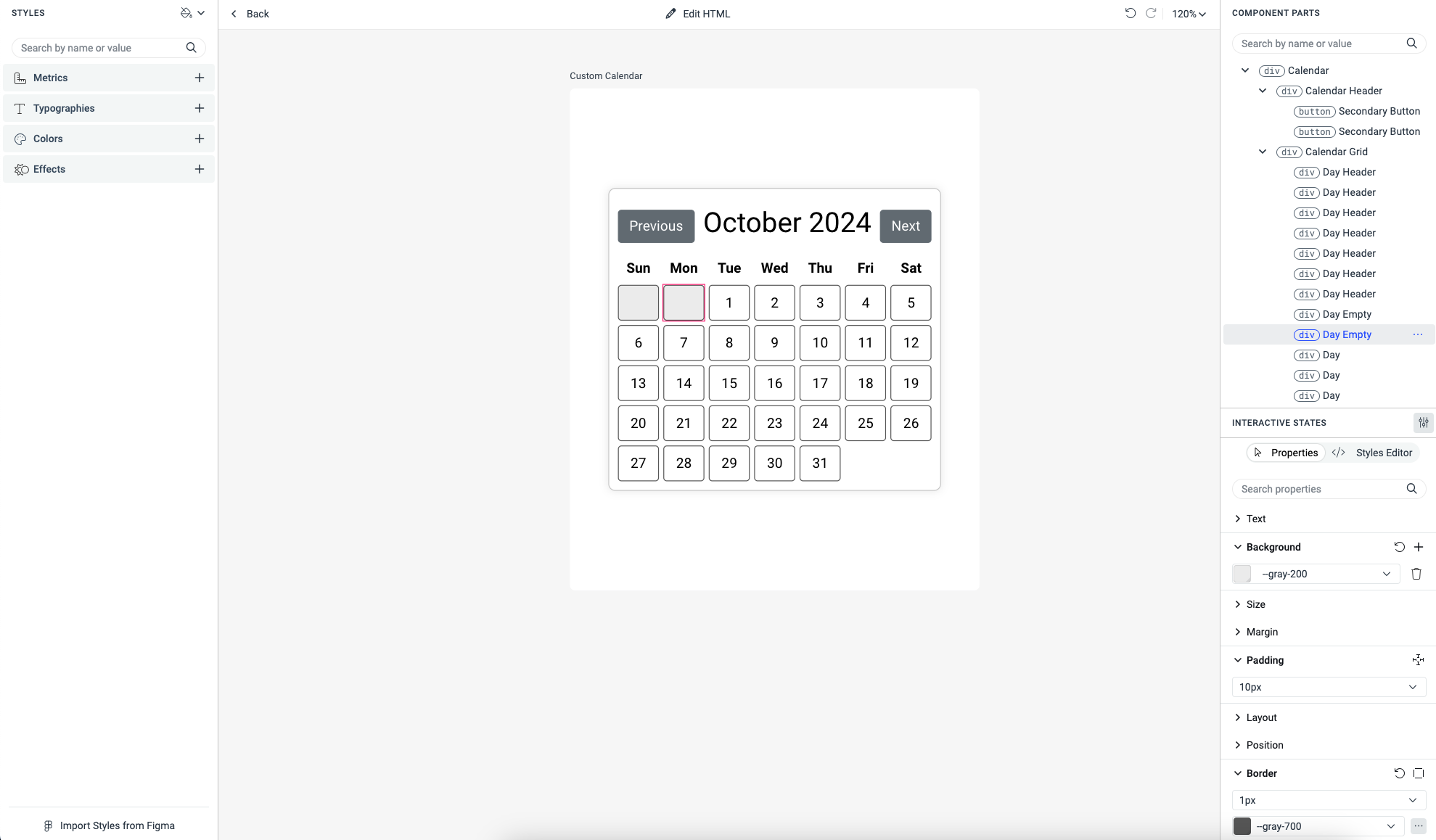 A screenshot with the end result of the styled custom calendar used for the demo.