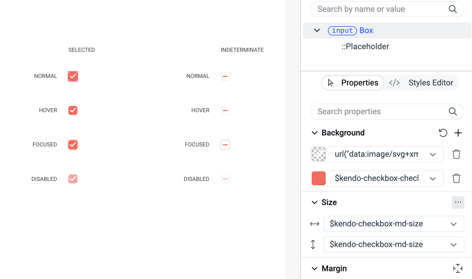 Checkbox component variants are displayed on the left, with the Properties View on the right. A mix of a checkmark icon and a solid background color is used for the background using the Background Editor of the Properties View.