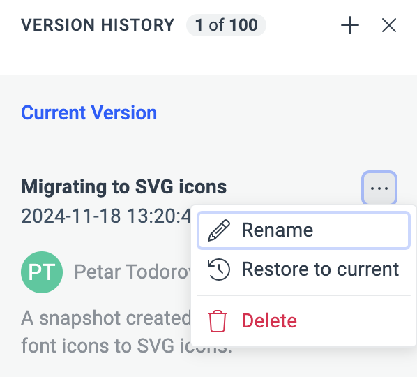 A context menu open for a version from the Version History panel.