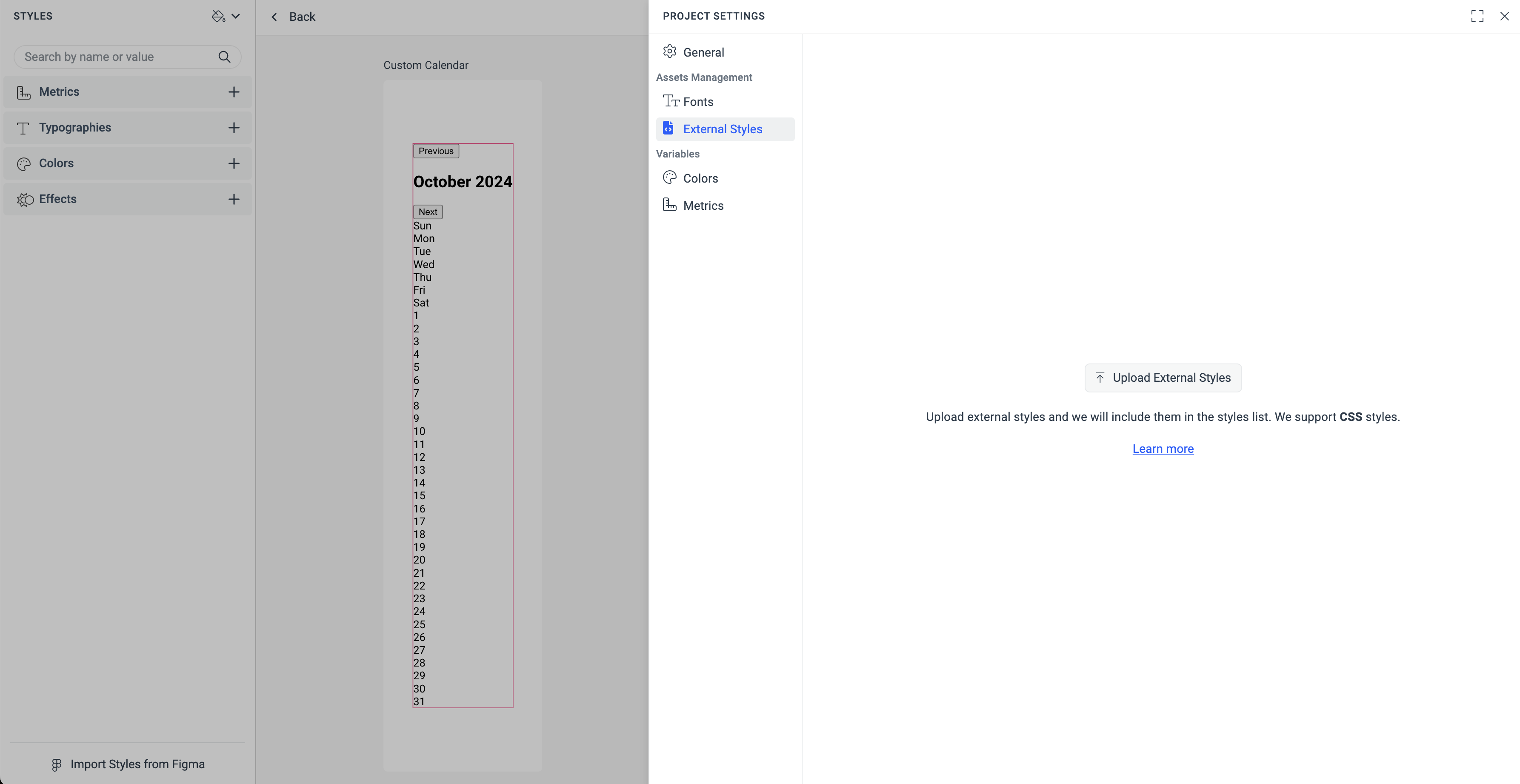 'External Styles' tab highlighted from the 'Project Settings' dialog.