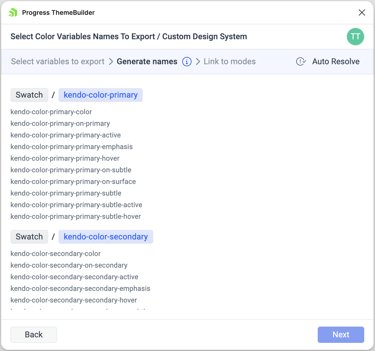 Generation of variable names through the ThemeBuilder plugin for Figma.