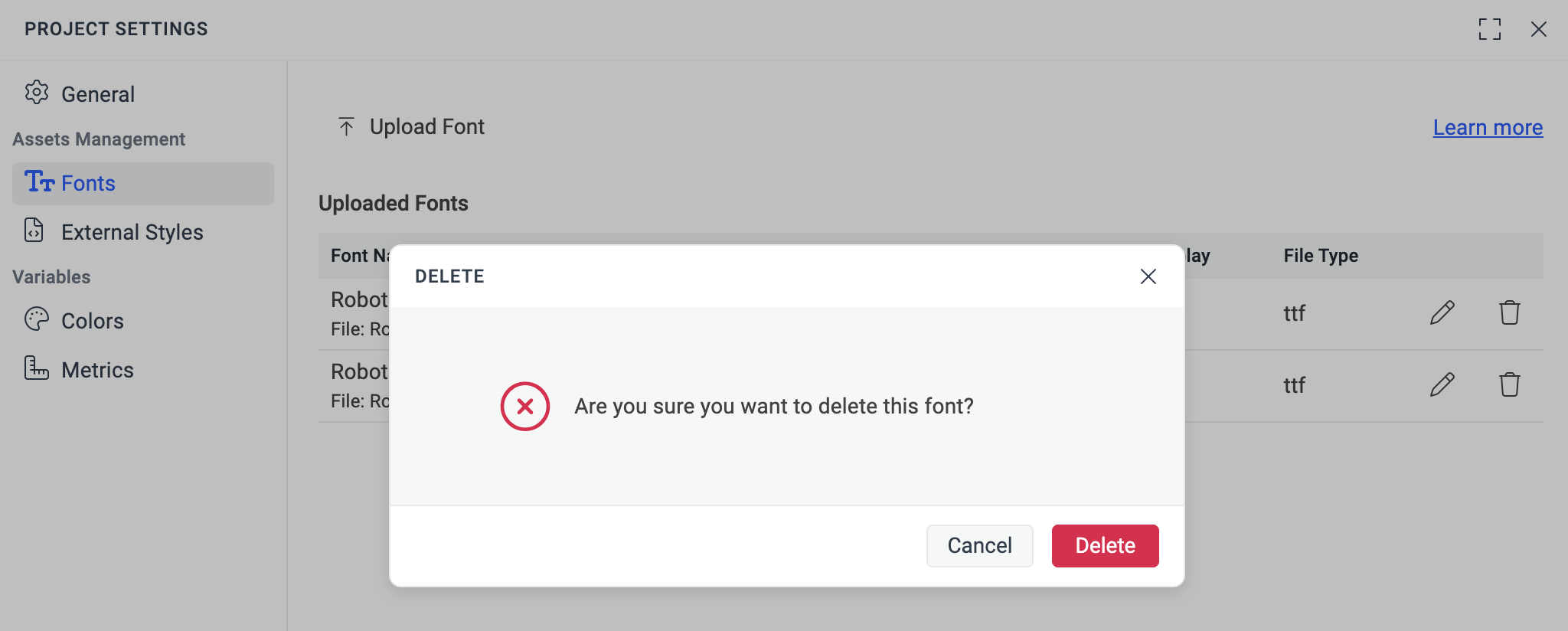 ThemeBuilder custom font delete