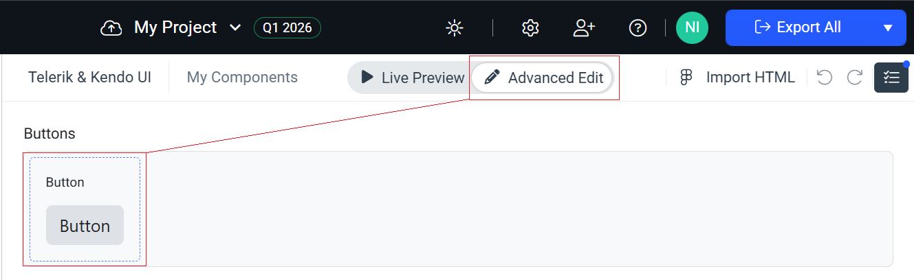 Selecting the Button frame in ThemeBuilder