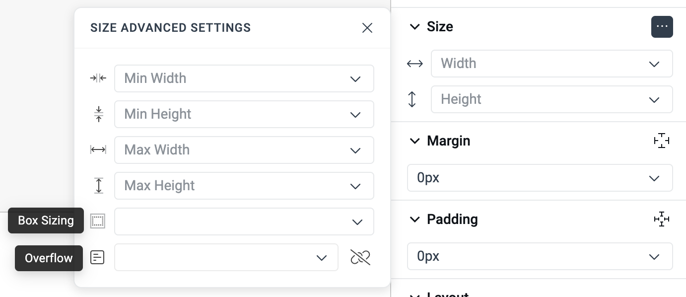 The advanced settings of the Size Editor displayed, featuring inputs for editing min and max width and height, as well as box sizing and overflow.