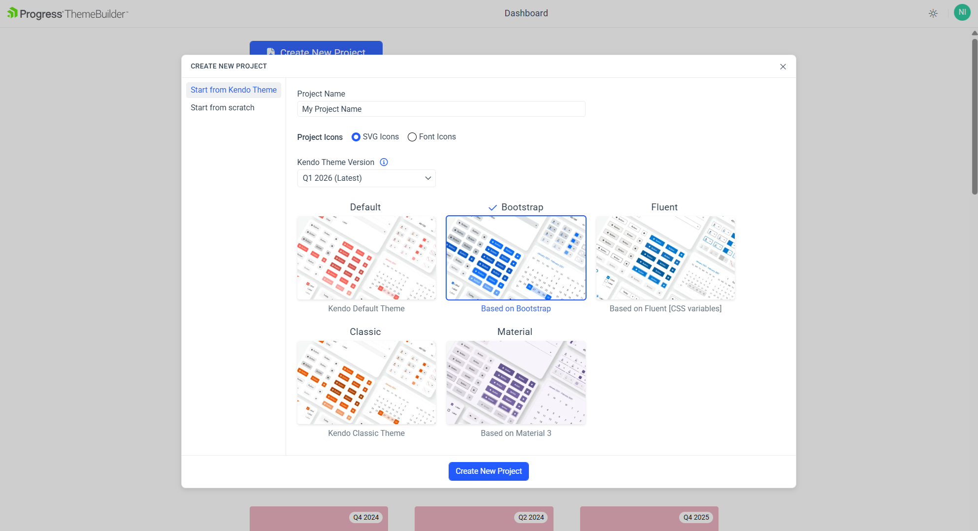 ThemeBuilder Create New Project screen