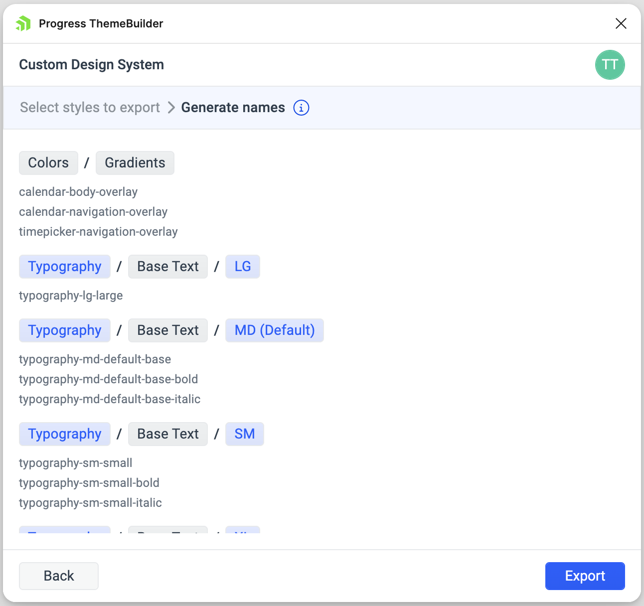 "Generate names" screen from the plugin dialog with some of the chips selected.