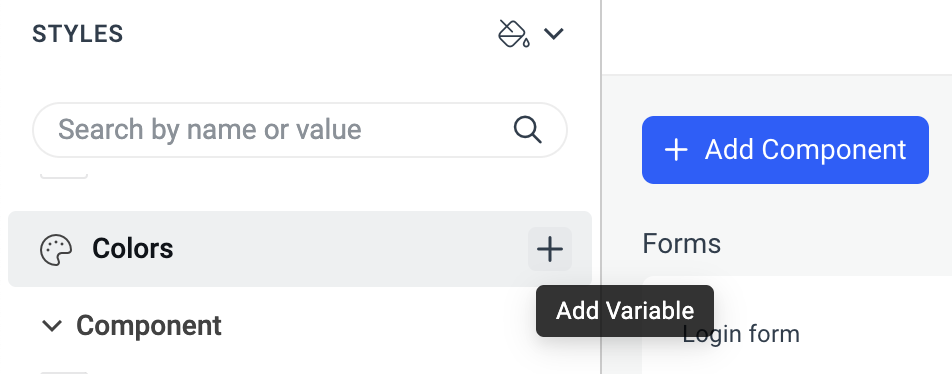 An 'Add variable' tooltip displayed below the 'plus' icon in the 'STYLES' pane.
