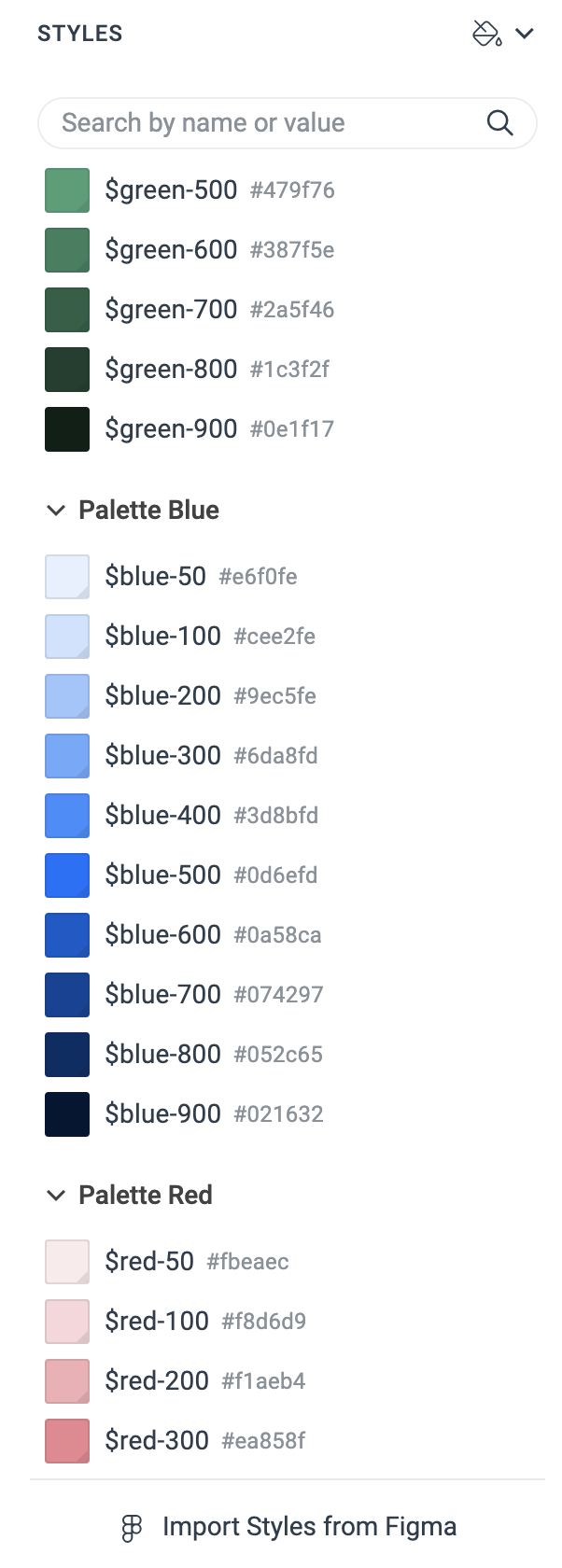 'STYLES' pane with variables from the categories 'Palette Green', 'Palette Blue' and 'Palette Red' displayed.
