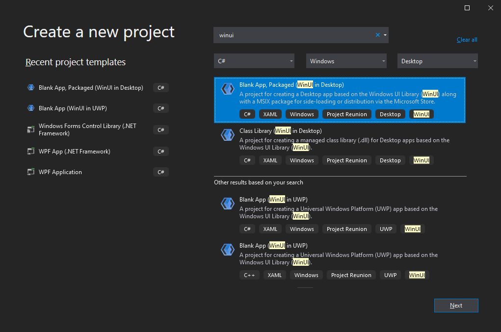 WinUI Create WinUI application