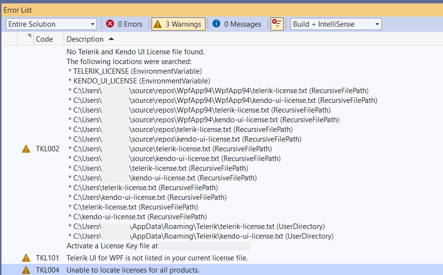 A picture showing the license key errors in the Visual Studio Error List pane
