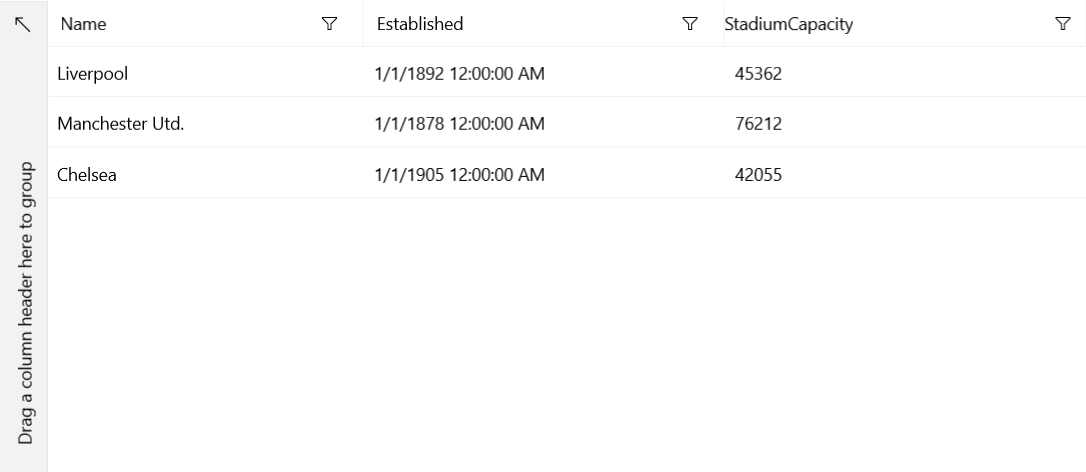 WinUI RadDataGrid populated with data