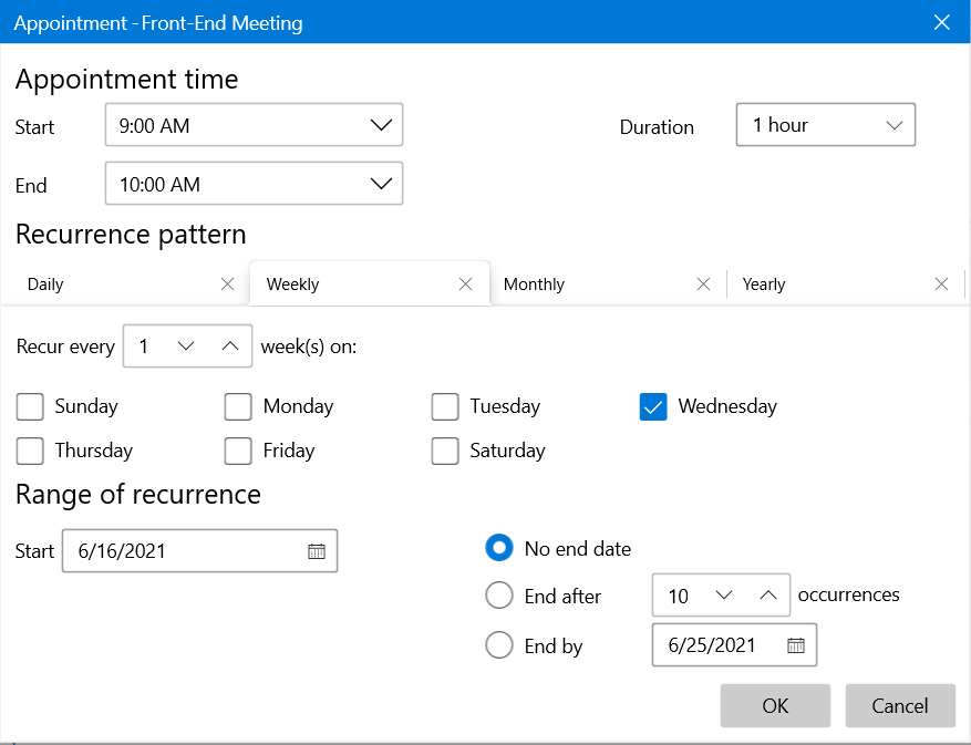 WinUI RadScheduler EditRecurrenceDialog