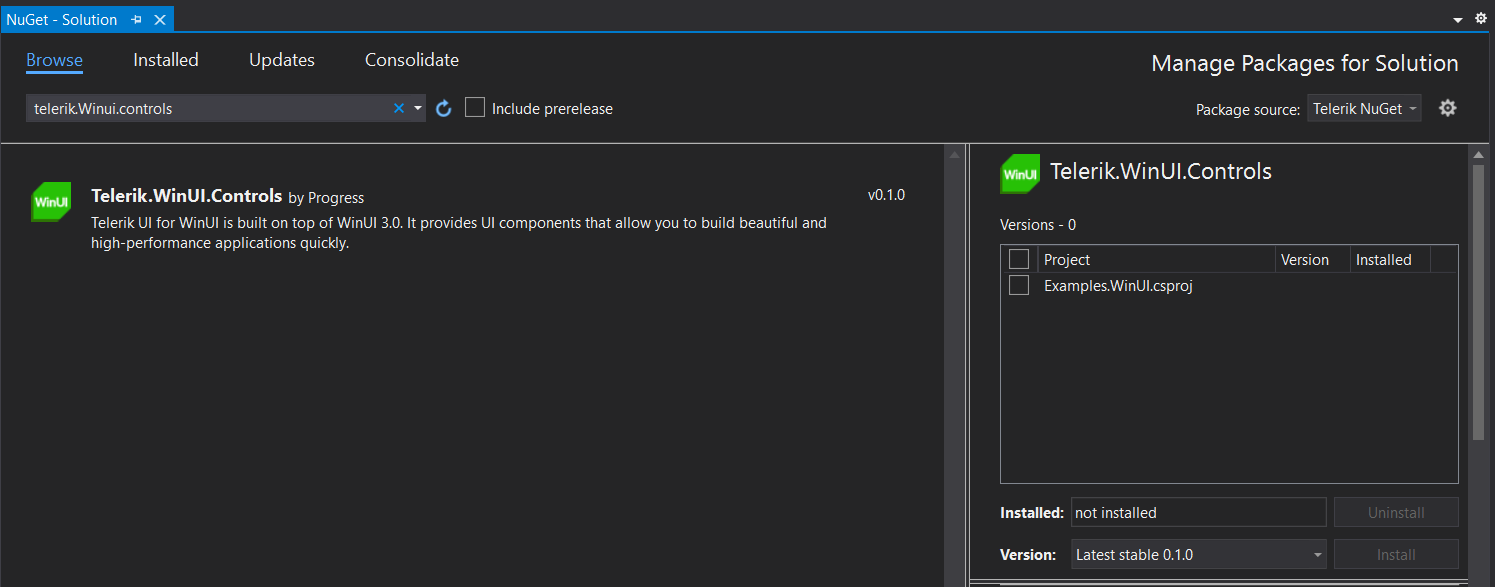 WinUI Select the Telerik.WinUI.Controls package