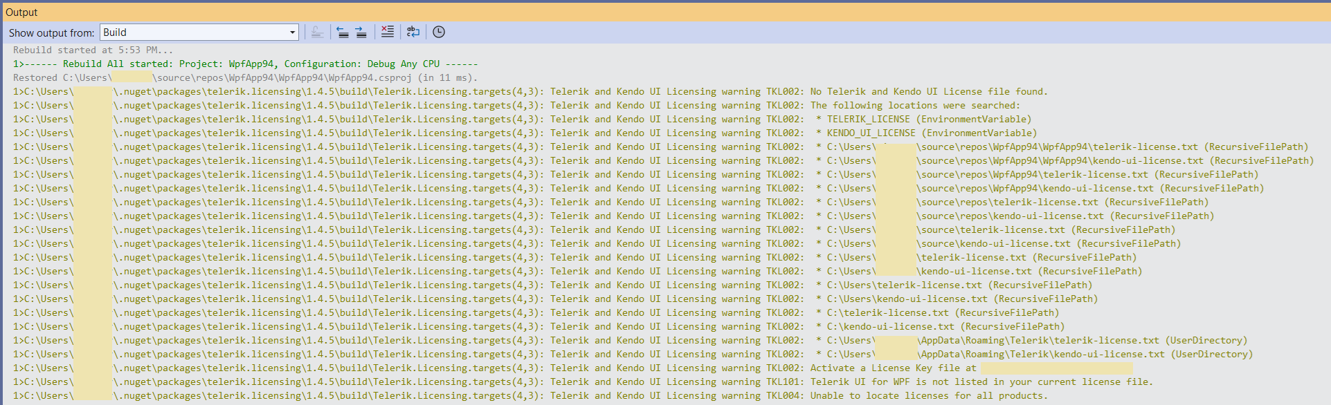 A picture showing the license key errors in the Visual Studio Output pane