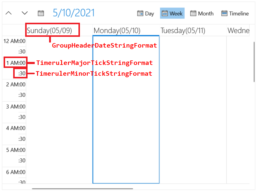 WinUI WeekViewDefinition Formatting Properties