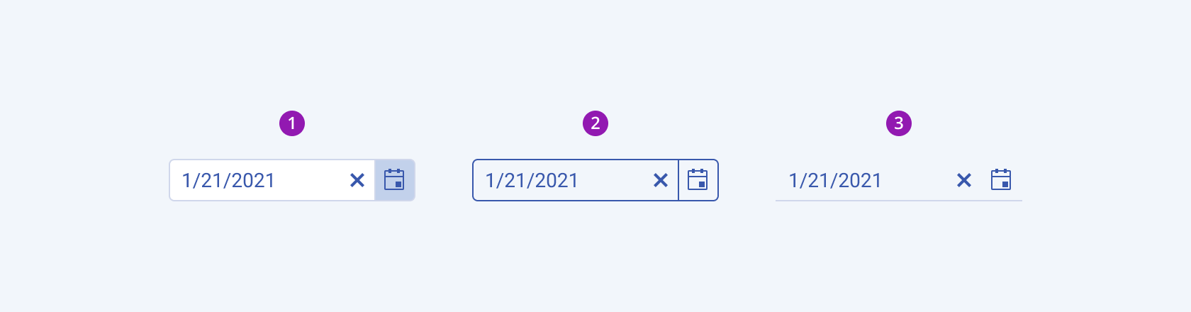 Available fill modes in the Telerik and Kendo UI DatePicker component including default solid, outline, and flat. Three Telerik and Kendo UI DatePicker components demonstrating the default solid, outline, and flat fill modes, respectively.