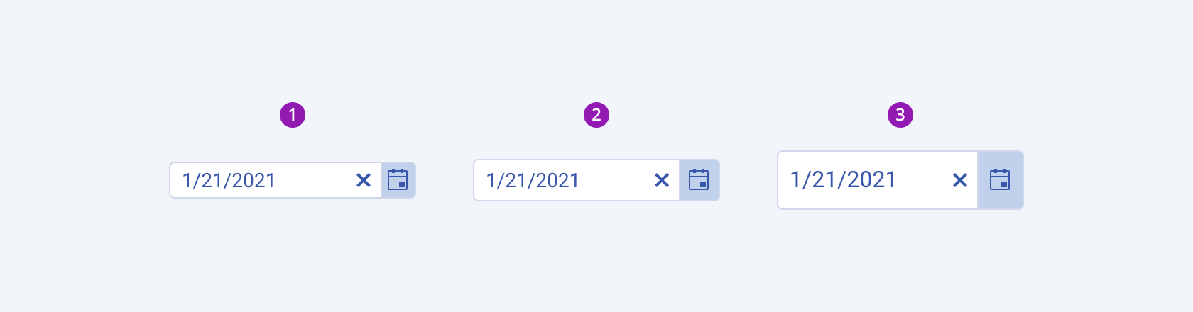 Available sizes in the Telerik and Kendo UI DatePicker component including small, default medium, and large. Three Telerik and Kendo UI DatePicker components demonstrating the small, default medium, and large sizes, respectively.