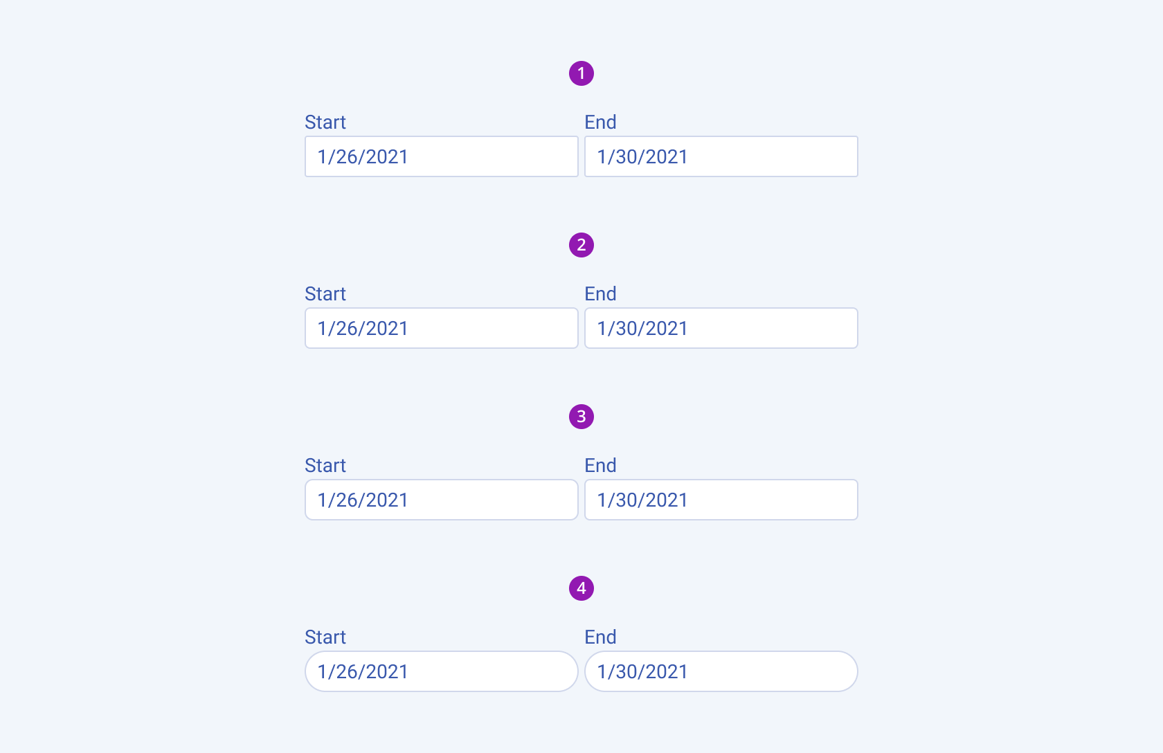 Available border radiuses in the Telerik and Kendo UI DateRangePicker component including small, default medium, large, and full. Four Telerik and Kendo UI DateRangePicker components demonstrating the small, default medium, large, and full border radius, respectively.