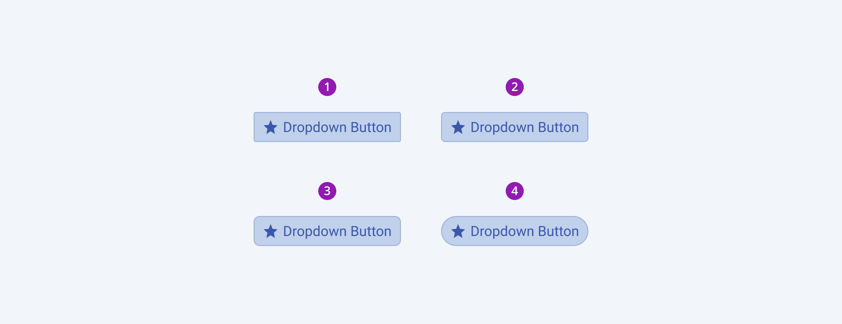 Available border radiuses in the Telerik and Kendo UI DropDownButton component including small, default medium, large, and full. Four Telerik and Kendo UI DropDownButton components demonstrating the small, medium, large, and full border radiuses respectively.