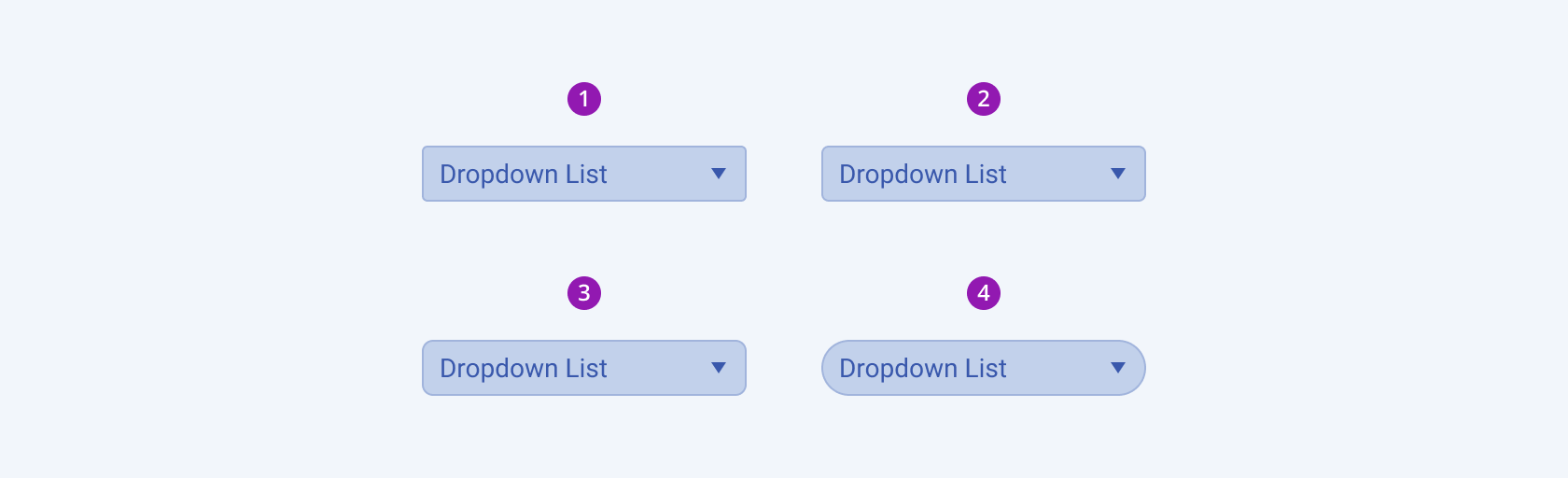 Available border radiuses in the Telerik and Kendo UI DropDownList component including small, default medium, large, and full. Four Telerik and Kendo UI DropDownList components demonstrating the small, default medium, large, and full fill modes respectively.