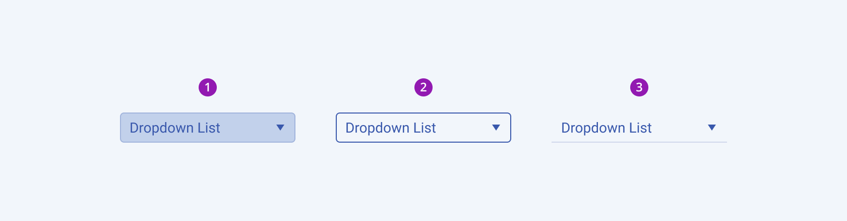 Available fill modes in the Telerik and Kendo UI DropDownList component including default solid, outline, and flat. Three Telerik and Kendo UI DropDownList components demonstrating the default solid, outline, and flat fill modes respectively.
