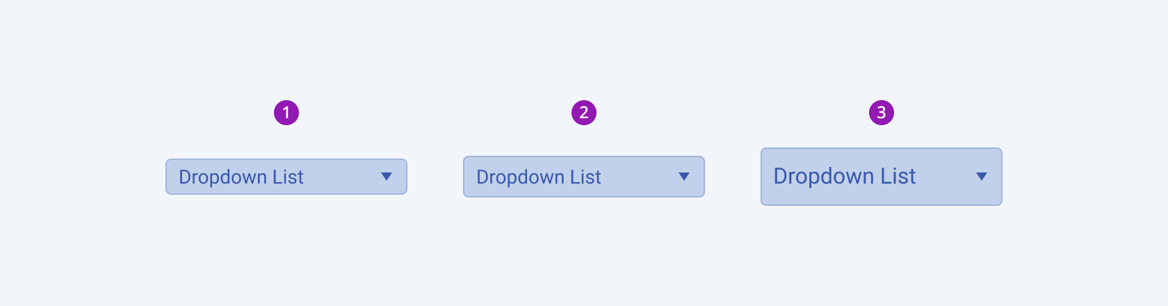 Available sizes in the Telerik and Kendo UI DropDownList component including small, default medium, and large. Three Telerik and Kendo UI DropDownList components demonstrating the small, default medium, and large sizes respectively.
