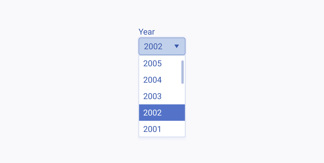 Do not use a Telerik and Kendo UI DropDownList which contains a long list of available options for the user to choose from. A Telerik and Kendo UI DropDownList with a long list of years for the user to choose from.